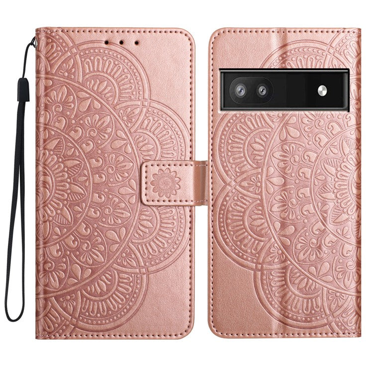 For Google Pixel 8a Case PU Leather Mandala Imprinted Phone Cover - Rose Gold