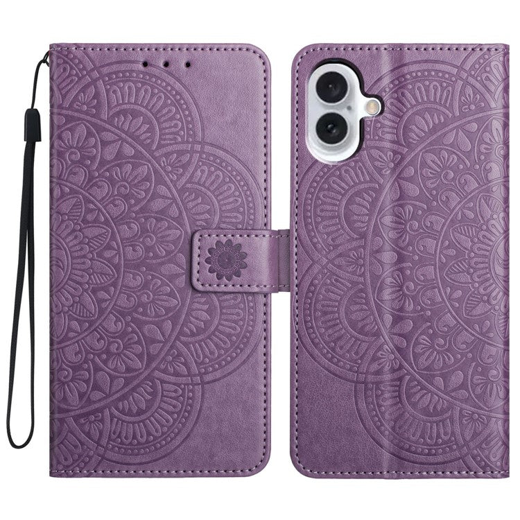 For iPhone 16 Case Mandala Flower PU Leather Flip Wallet Phone Cover - Purple
