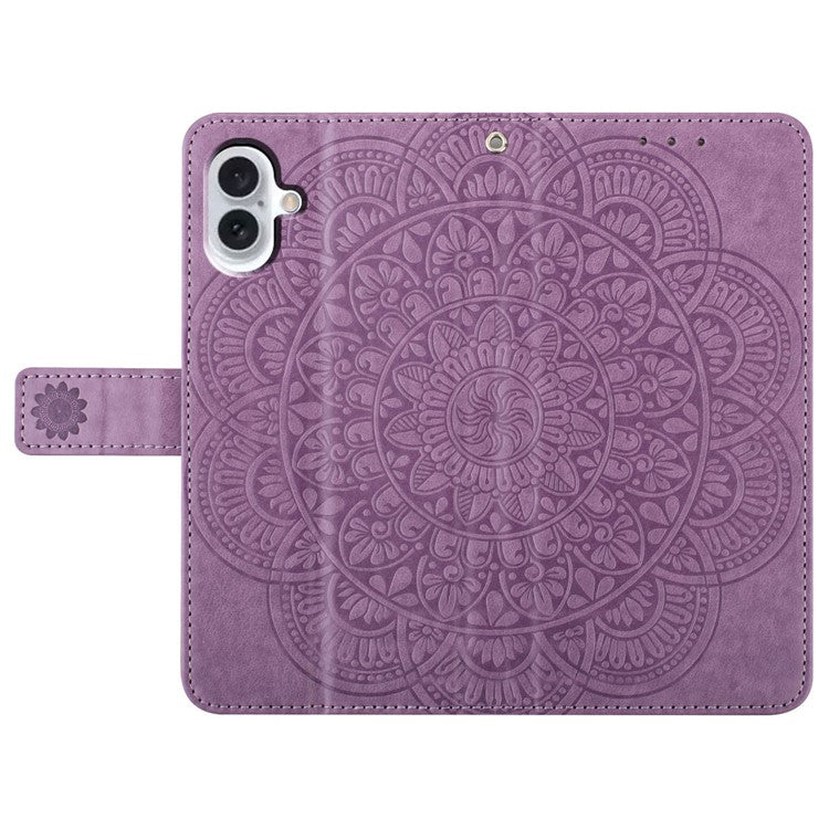 For iPhone 16 Case Mandala Flower PU Leather Flip Wallet Phone Cover - Purple