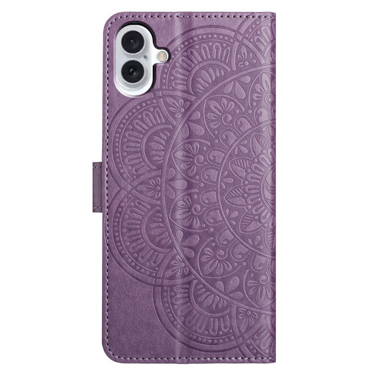For iPhone 16 Case Mandala Flower PU Leather Flip Wallet Phone Cover - Purple