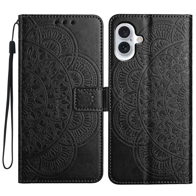 For iPhone 16 Case Mandala Flower PU Leather Flip Wallet Phone Cover - Black