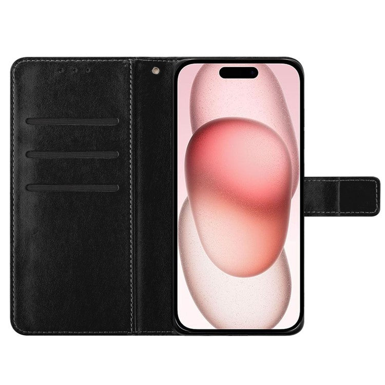 For iPhone 16 Case Mandala Flower PU Leather Flip Wallet Phone Cover - Black