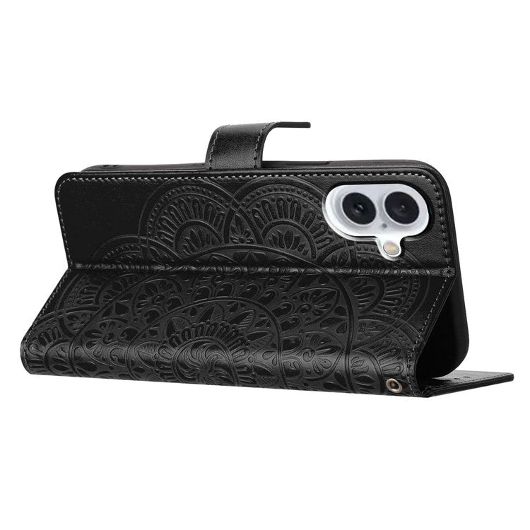 For iPhone 16 Case Mandala Flower PU Leather Flip Wallet Phone Cover - Black