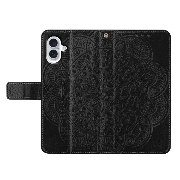 For iPhone 16 Case Mandala Flower PU Leather Flip Wallet Phone Cover - Black