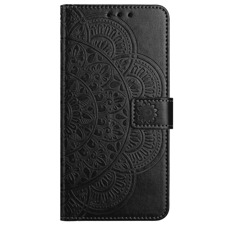 For iPhone 16 Case Mandala Flower PU Leather Flip Wallet Phone Cover - Black