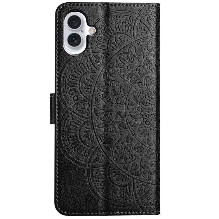 For iPhone 16 Case Mandala Flower PU Leather Flip Wallet Phone Cover - Black