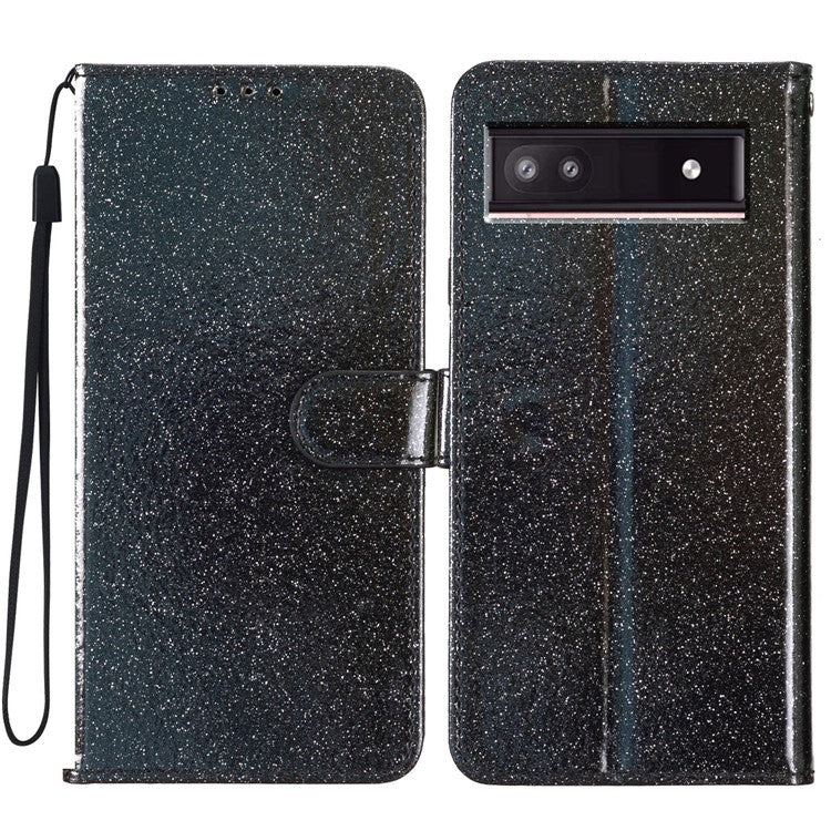 For Google Pixel 8a Case Shiny Leather Glitter Flip Stand Phone Cover - Black
