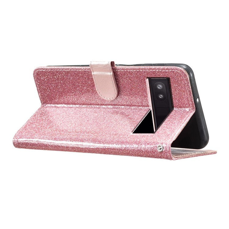 For Google Pixel 8a Case Shiny Leather Glitter Flip Stand Phone Cover - Rose Gold