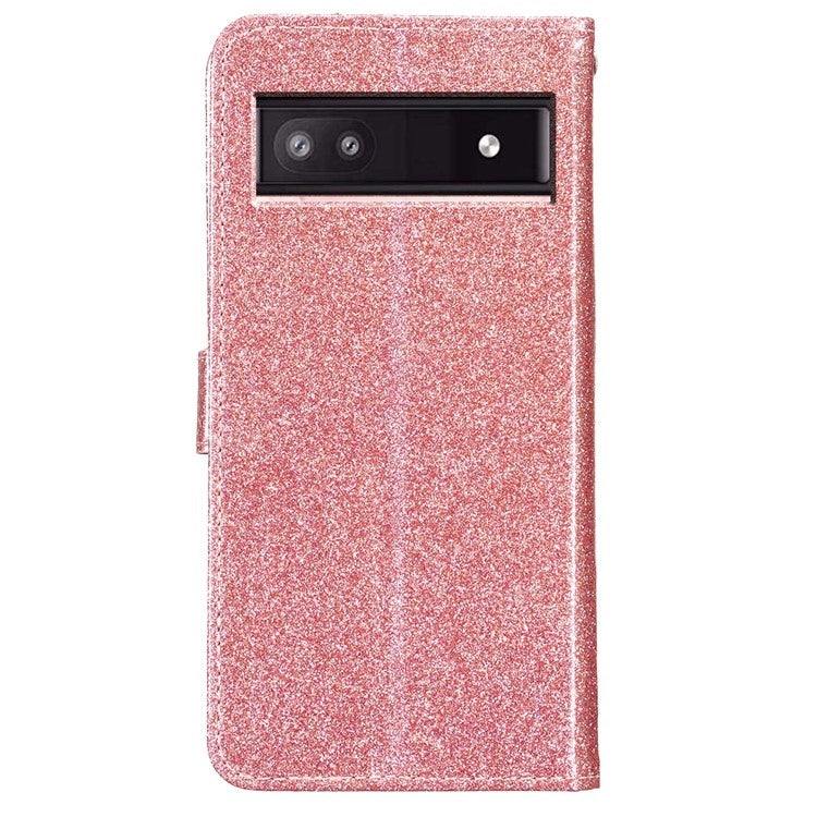 For Google Pixel 8a Case Shiny Leather Glitter Flip Stand Phone Cover - Rose Gold