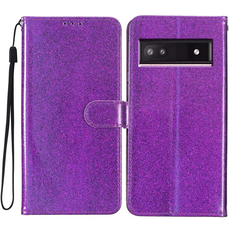 For Google Pixel 8a Case Shiny Leather Glitter Flip Stand Phone Cover - Purple