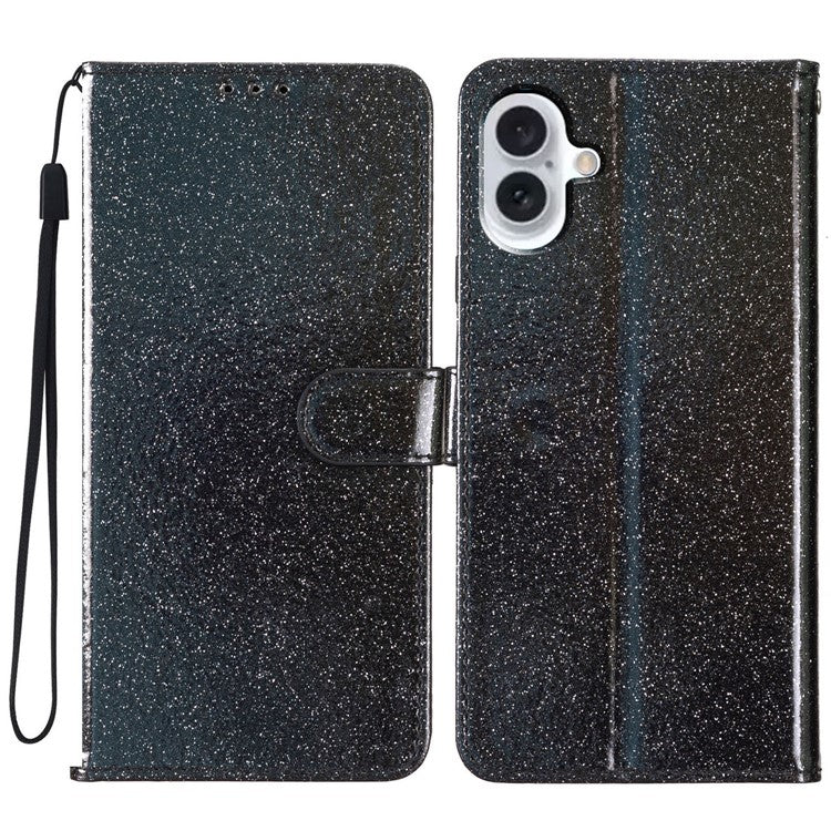 For iPhone 16 Protective Case Glitter Leather Wallet Phone Cover - Black