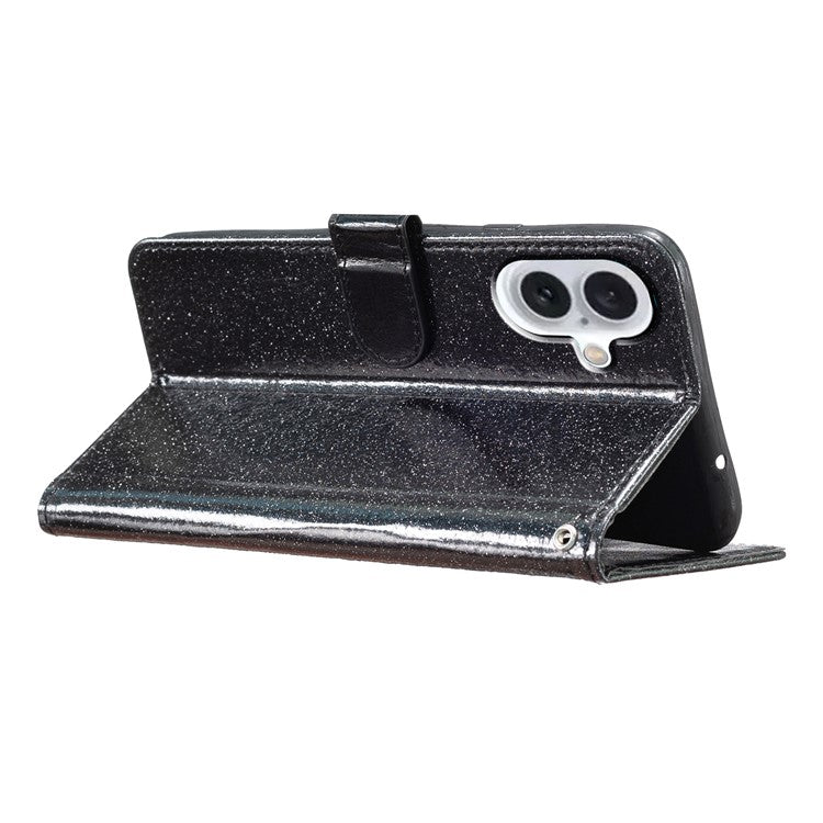 For iPhone 16 Protective Case Glitter Leather Wallet Phone Cover - Black