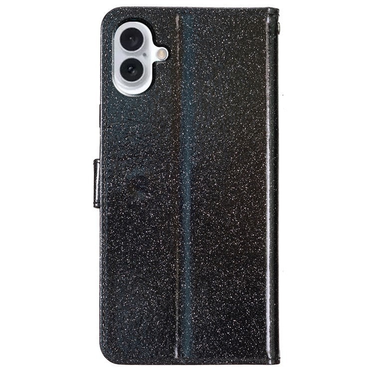 For iPhone 16 Protective Case Glitter Leather Wallet Phone Cover - Black