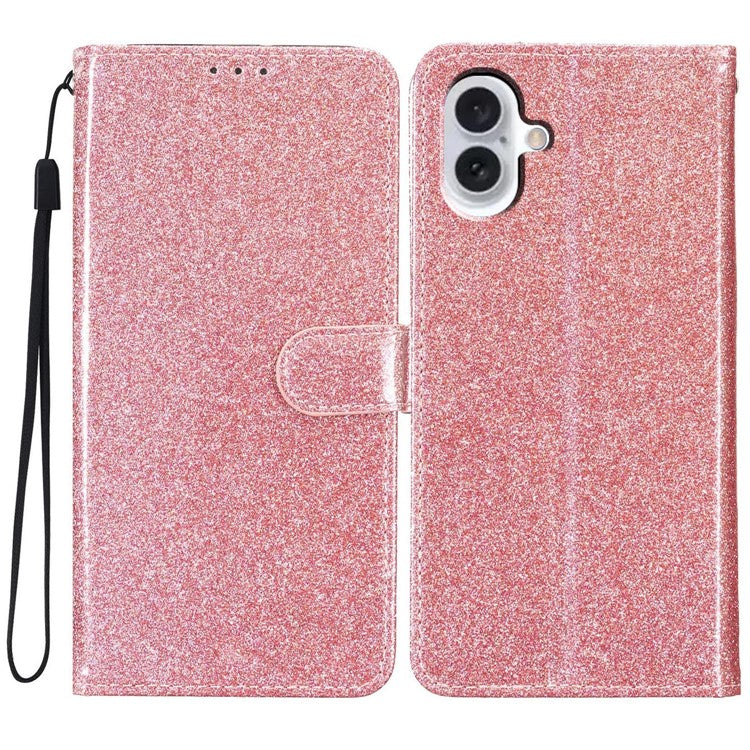 For iPhone 16 Protective Case Glitter Leather Wallet Phone Cover - Rose Gold