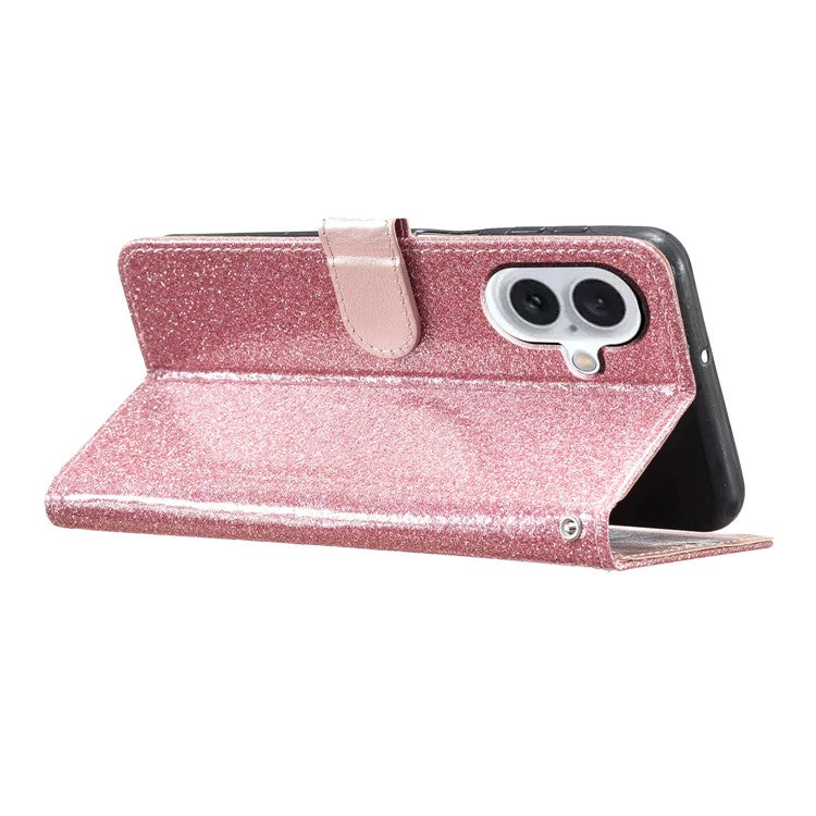 For iPhone 16 Protective Case Glitter Leather Wallet Phone Cover - Rose Gold