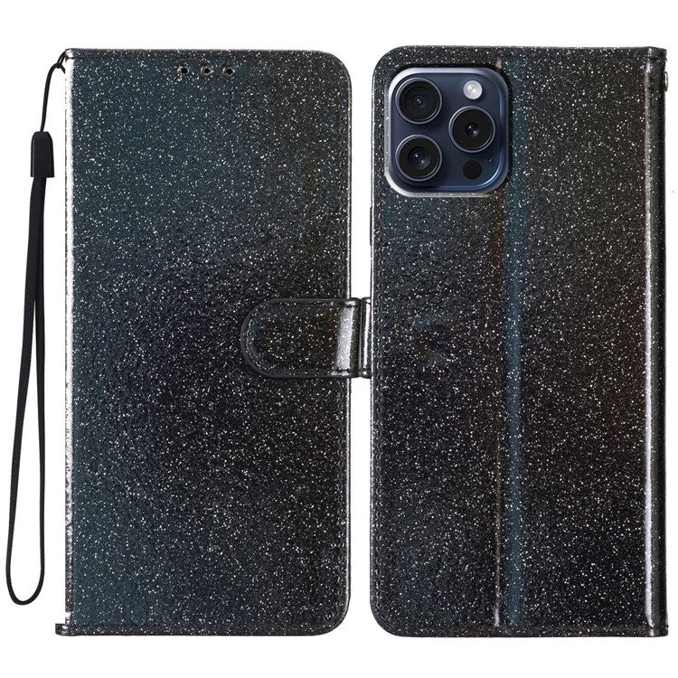 For iPhone 16 Pro Case Glitter PU Leather Wallet Card Slots Phone Cover - Black