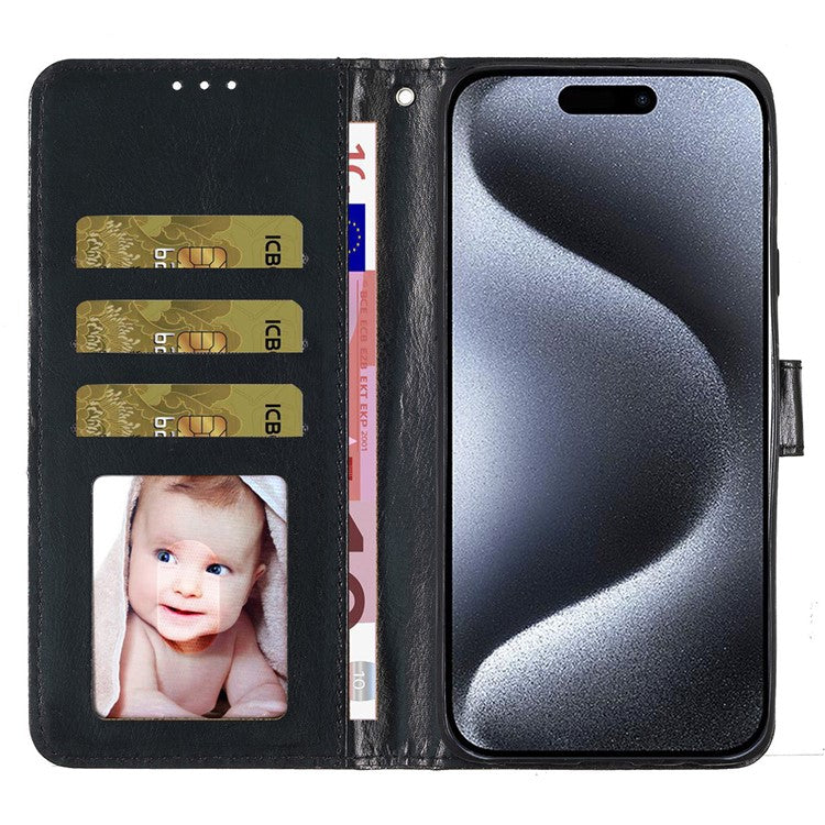 For iPhone 16 Pro Case Glitter PU Leather Wallet Card Slots Phone Cover - Black