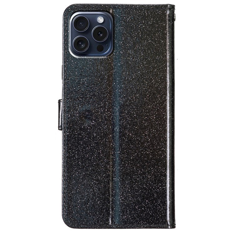 For iPhone 16 Pro Case Glitter PU Leather Wallet Card Slots Phone Cover - Black