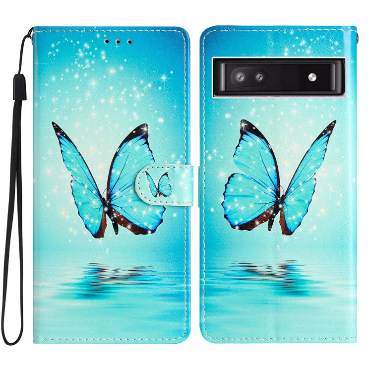 For Google Pixel 8a Case Pattern Printing Leather Phone Cover with Hand Strap - Blue Butterfly