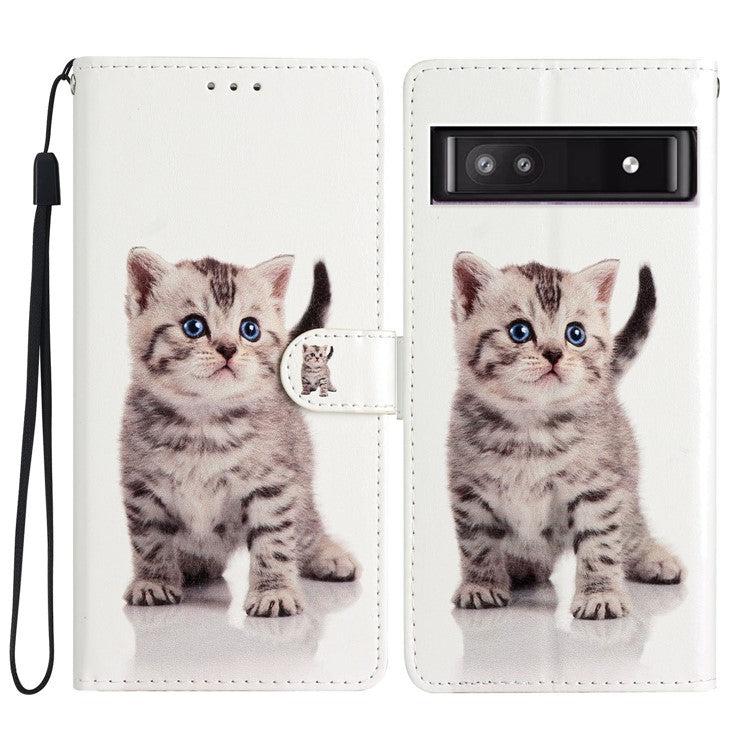 For Google Pixel 8a Case Pattern Printing Leather Phone Cover with Hand Strap - Cute Cat
