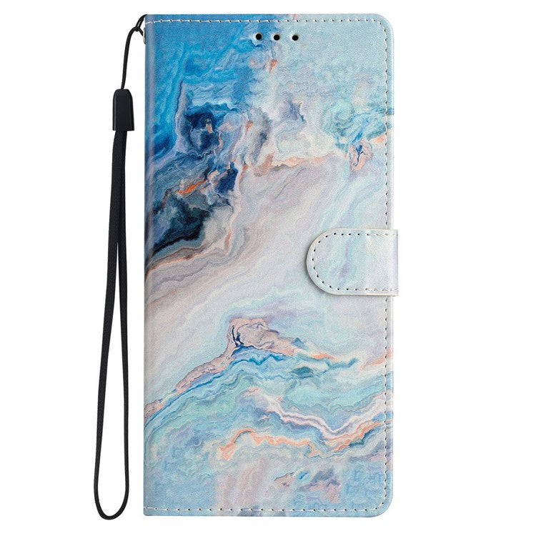 For iPhone 16 Plus Case Print Pattern Design PU Leather Phone Cover with Card Slots Wrist Strap - Blue Marble