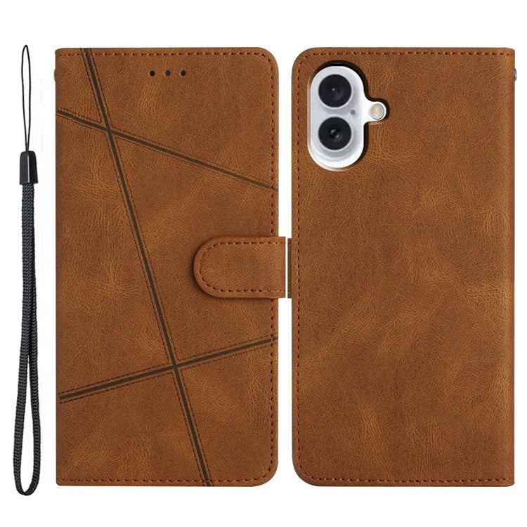 For iPhone 16 Case Line Pattern PU Leather Phone Case Crazy Horse Texture - Brown
