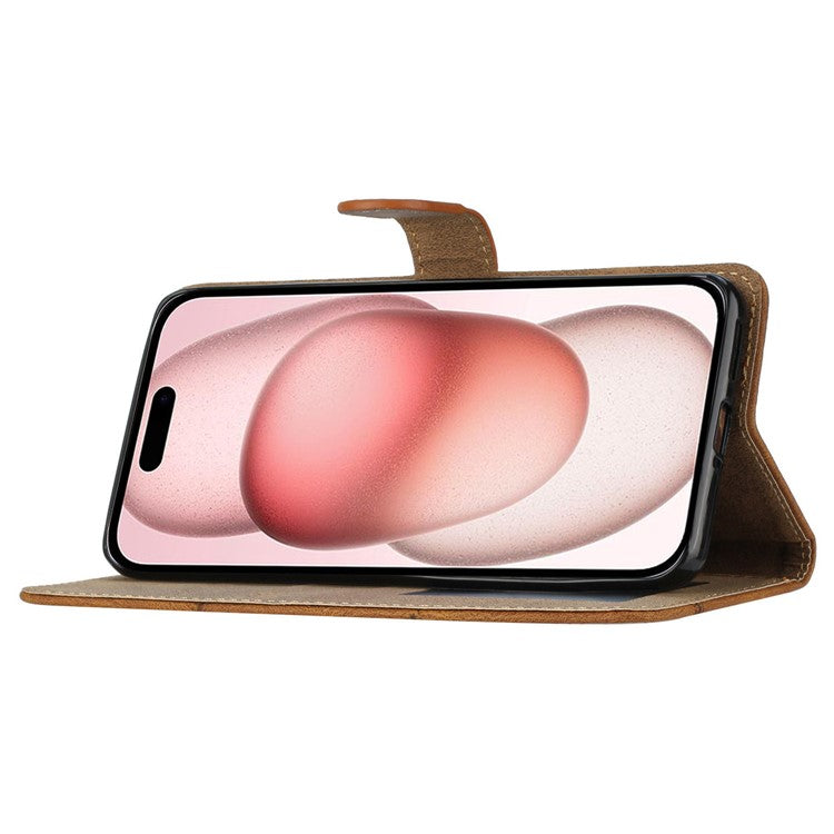 For iPhone 16 Case Line Pattern PU Leather Phone Case Crazy Horse Texture - Brown