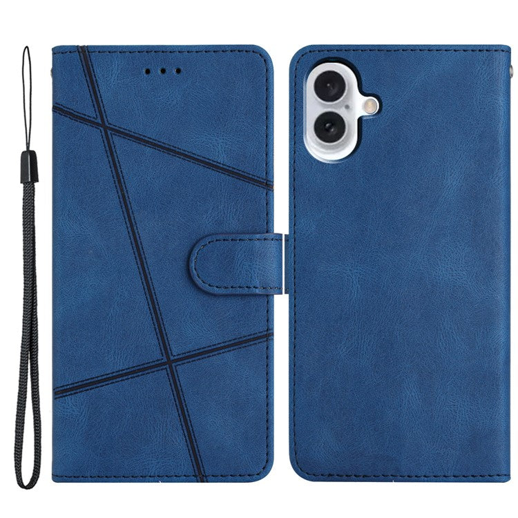 For iPhone 16 Case Line Pattern PU Leather Phone Case Crazy Horse Texture - Blue