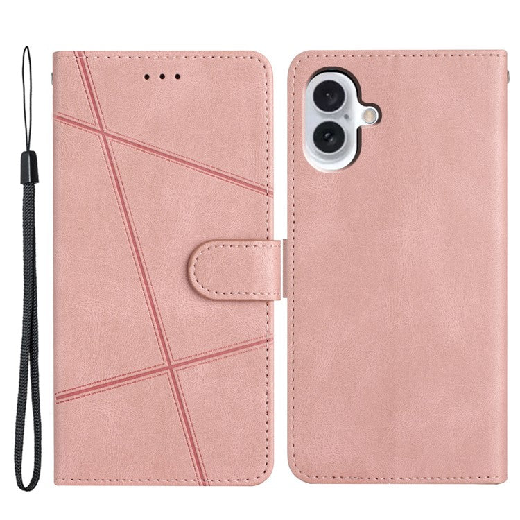 For iPhone 16 Plus Case Line Pattern PU Leather Stand Wallet Phone Cover - Rose Gold