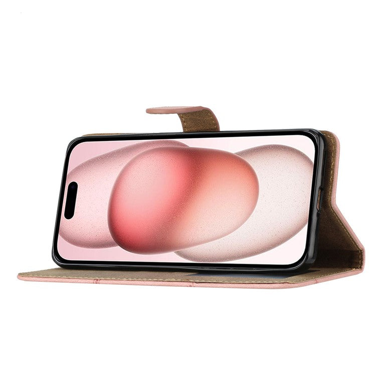 For iPhone 16 Plus Case Line Pattern PU Leather Stand Wallet Phone Cover - Rose Gold