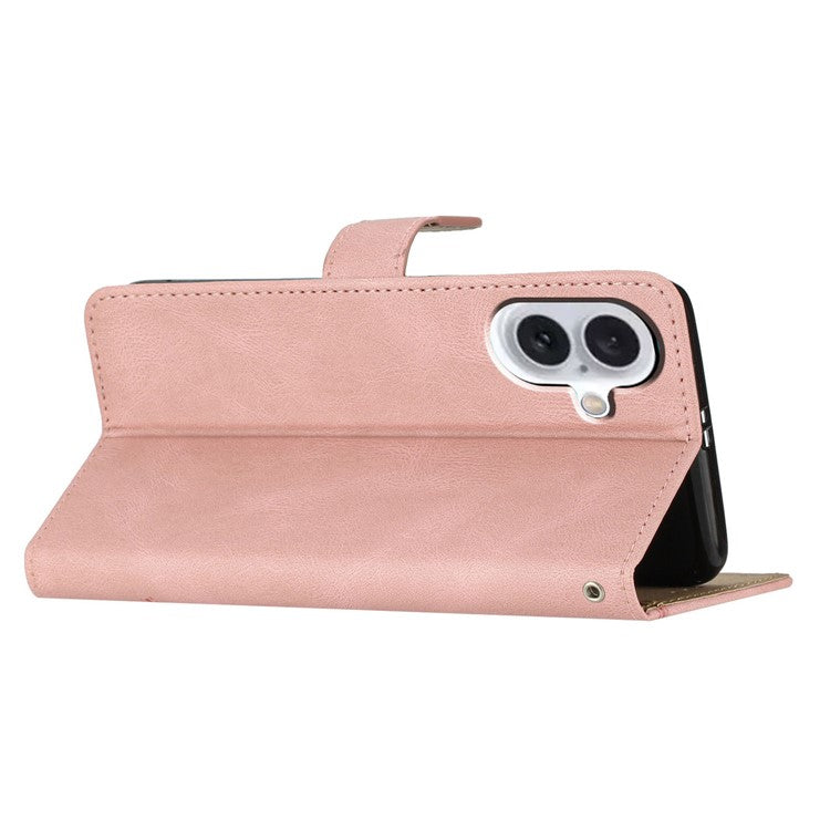 For iPhone 16 Plus Case Line Pattern PU Leather Stand Wallet Phone Cover - Rose Gold