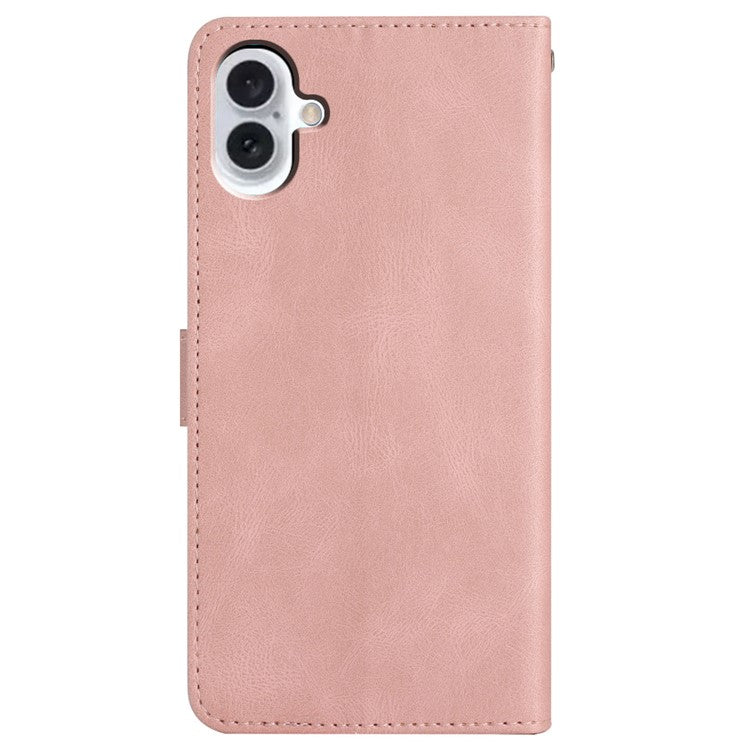 For iPhone 16 Plus Case Line Pattern PU Leather Stand Wallet Phone Cover - Rose Gold