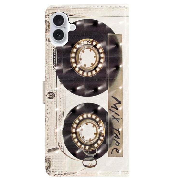 For iPhone 16 Plus Case PU Leather 3D Pattern Printing Wallet Phone Cover - Tape
