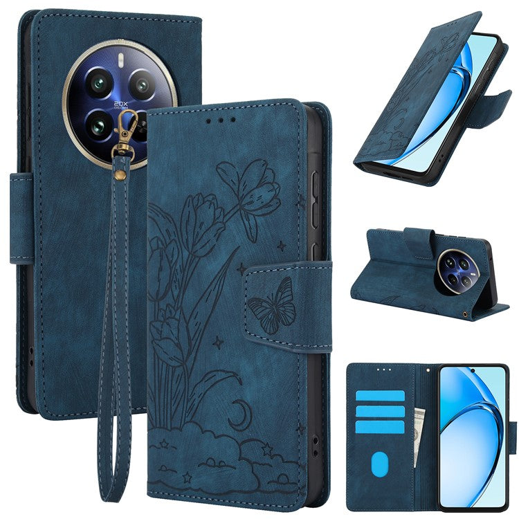 SY-001 For Realme 12 Pro 5G / 12 Pro+ 5G Case with Wrist Strap Butterfly Flower Leather Phone Cover Folio Wallet - Blue
