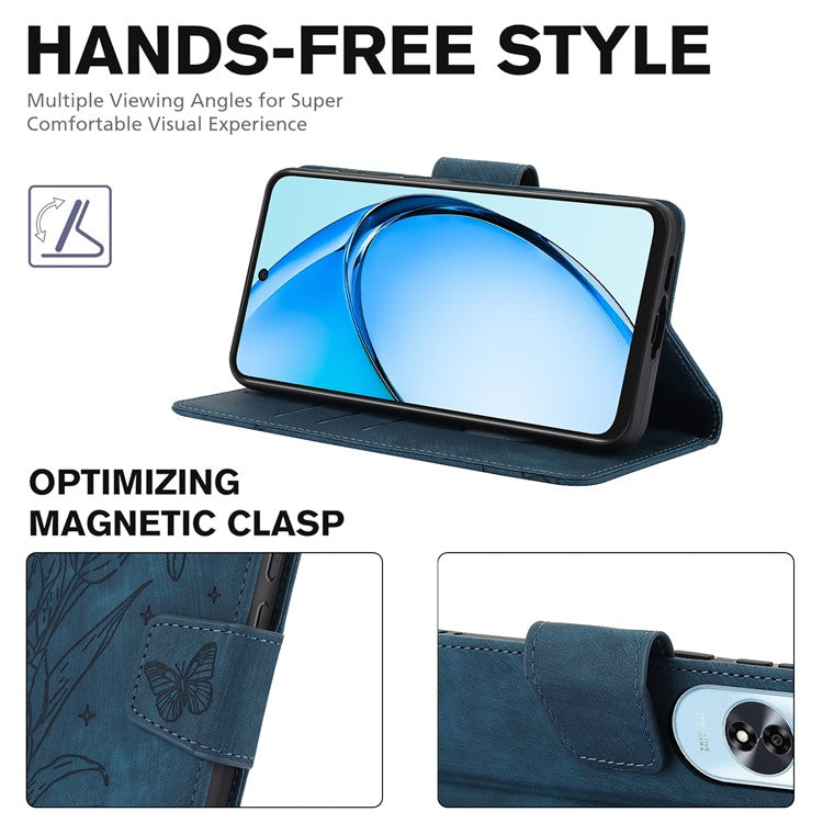 SY-001 For Oppo A60 4G Case with Hand Strap Butterfly Flower Leather Wallet Phone Cover - Blue