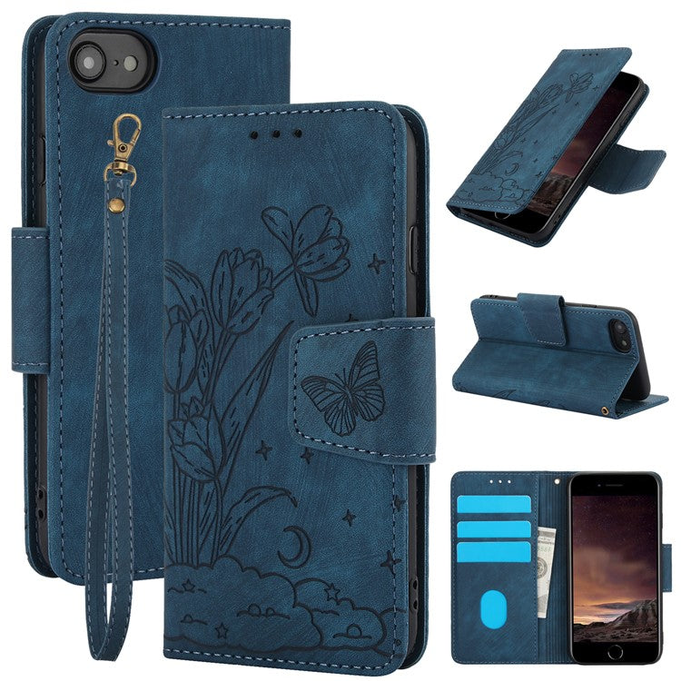 SY-001 For iPhone 16e Case Butterfly Flower Anti-Scratch Leather Phone Cover - Blue
