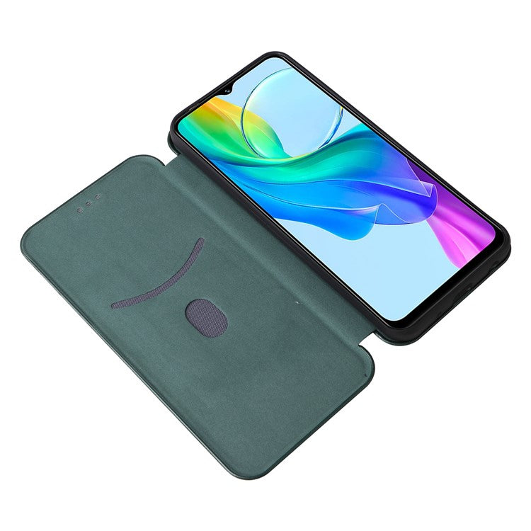 For vivo Y03 / Y18 4G Case Card Slots Leather Phone Cover Carbon Fiber Texture - Green