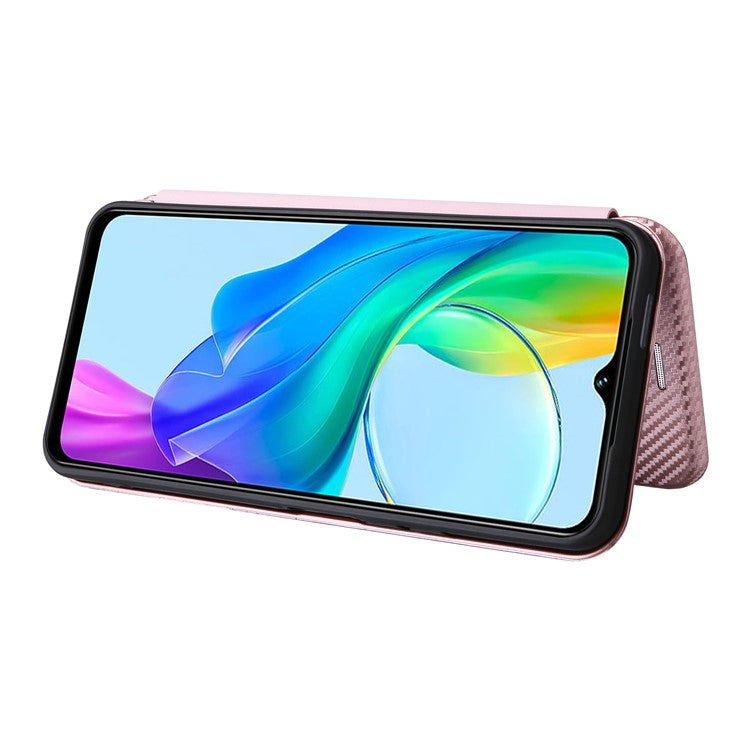 For vivo Y03 / Y18 4G Case Card Slots Leather Phone Cover Carbon Fiber Texture - Rose Gold