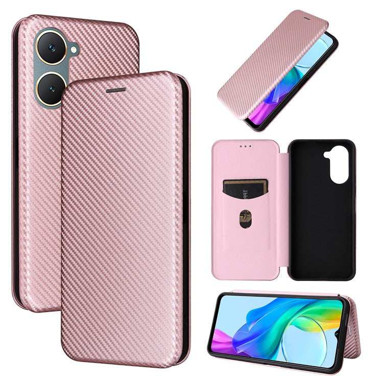 For vivo Y03 / Y18 4G Case Card Slots Leather Phone Cover Carbon Fiber Texture - Rose Gold