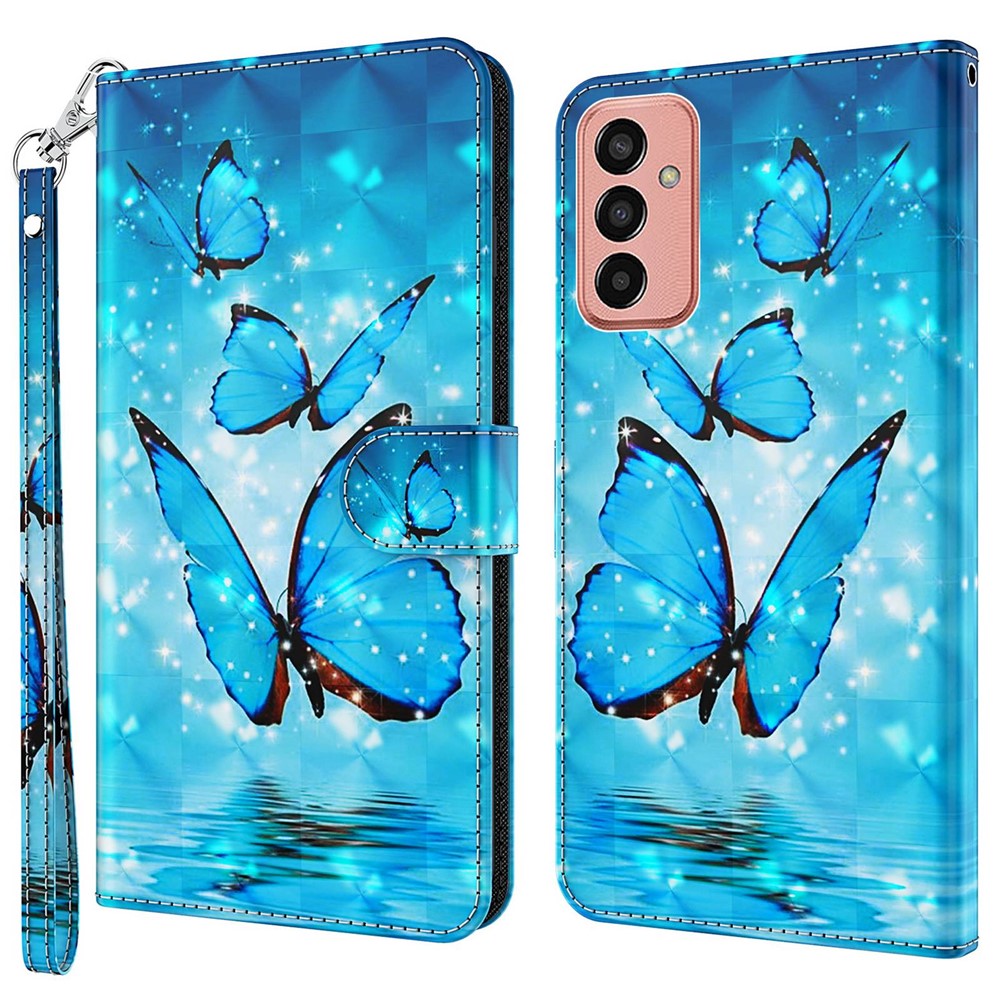 For Samsung Galaxy M13 4G PU Leather Flip Wallet Phone Case Stand Feature 3D Pattern Printing Magnetic Protection Phone Cover with Strap - Blue Butterflies