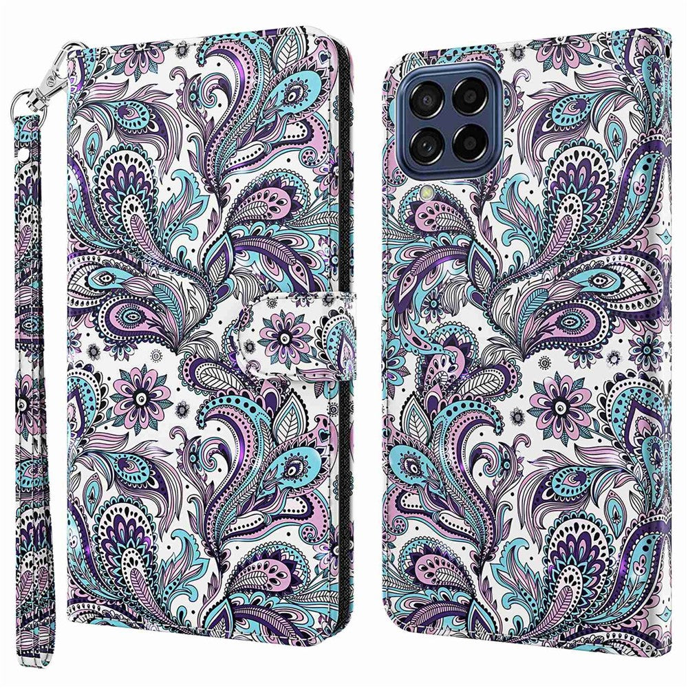 For Samsung Galaxy M33 5G (Global Version) 3D Pattern Printing PU Leather Case Viewing Stand Magnetic Protect Flip Wallet Cover with Strap - Purple Impatiens