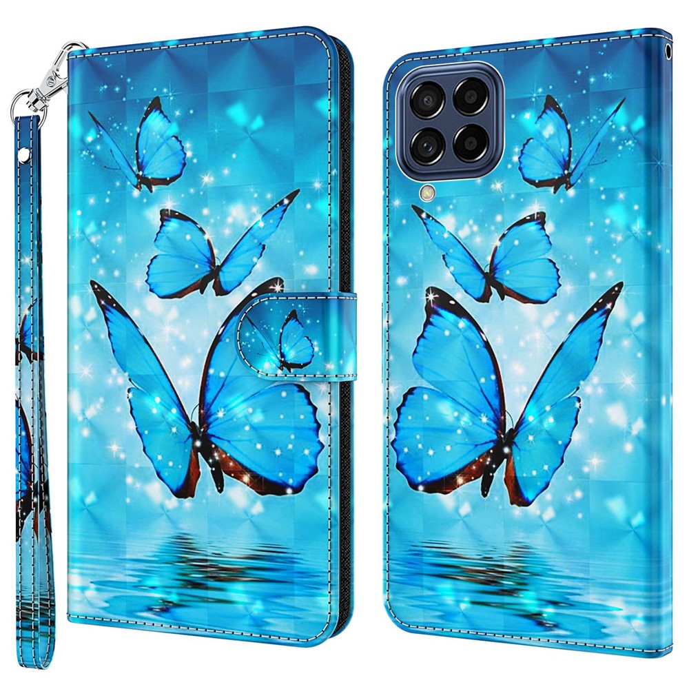 For Samsung Galaxy M33 5G (Global Version) 3D Pattern Printing PU Leather Case Viewing Stand Magnetic Protect Flip Wallet Cover with Strap - Blue Butterflies