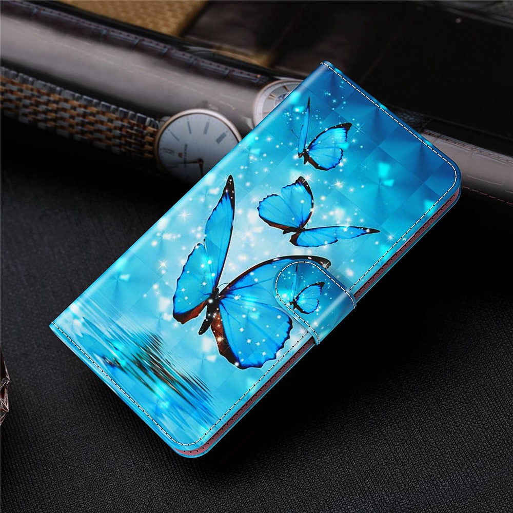 For Samsung Galaxy M33 5G (Global Version) 3D Pattern Printing PU Leather Case Viewing Stand Magnetic Protect Flip Wallet Cover with Strap - Blue Butterflies
