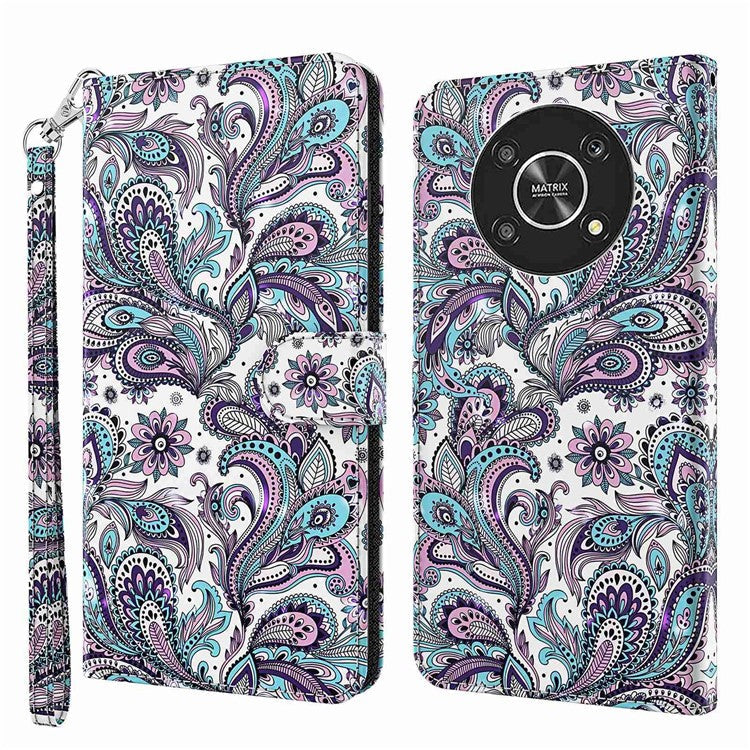 For Honor Magic4 Lite 4G / 5G PU Leather Flip Wallet Cover 3D Pattern Printing Stand Feature Magnetic Protective Phone Case with Strap - Purple Impatiens