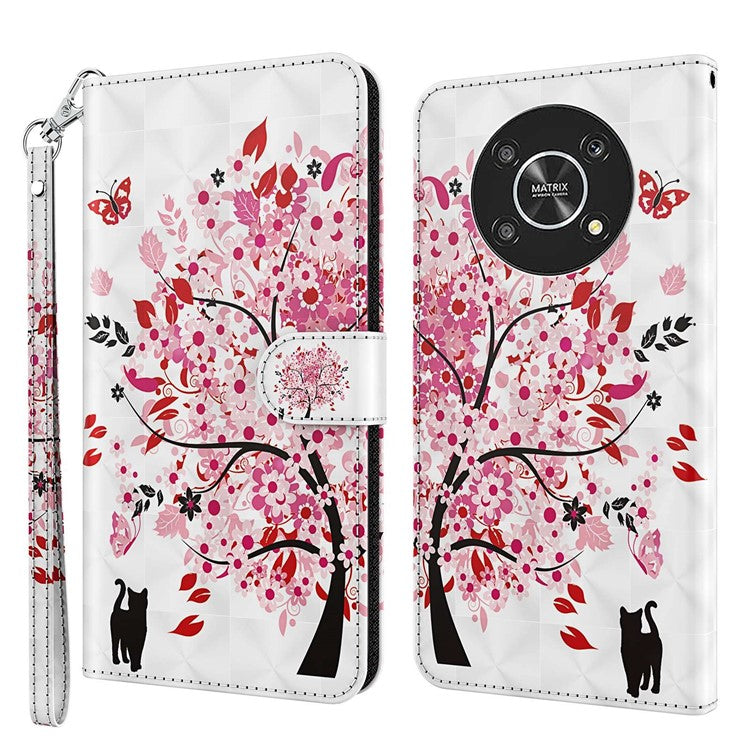 For Honor Magic4 Lite 4G / 5G PU Leather Flip Wallet Cover 3D Pattern Printing Stand Feature Magnetic Protective Phone Case with Strap - Wish Tree