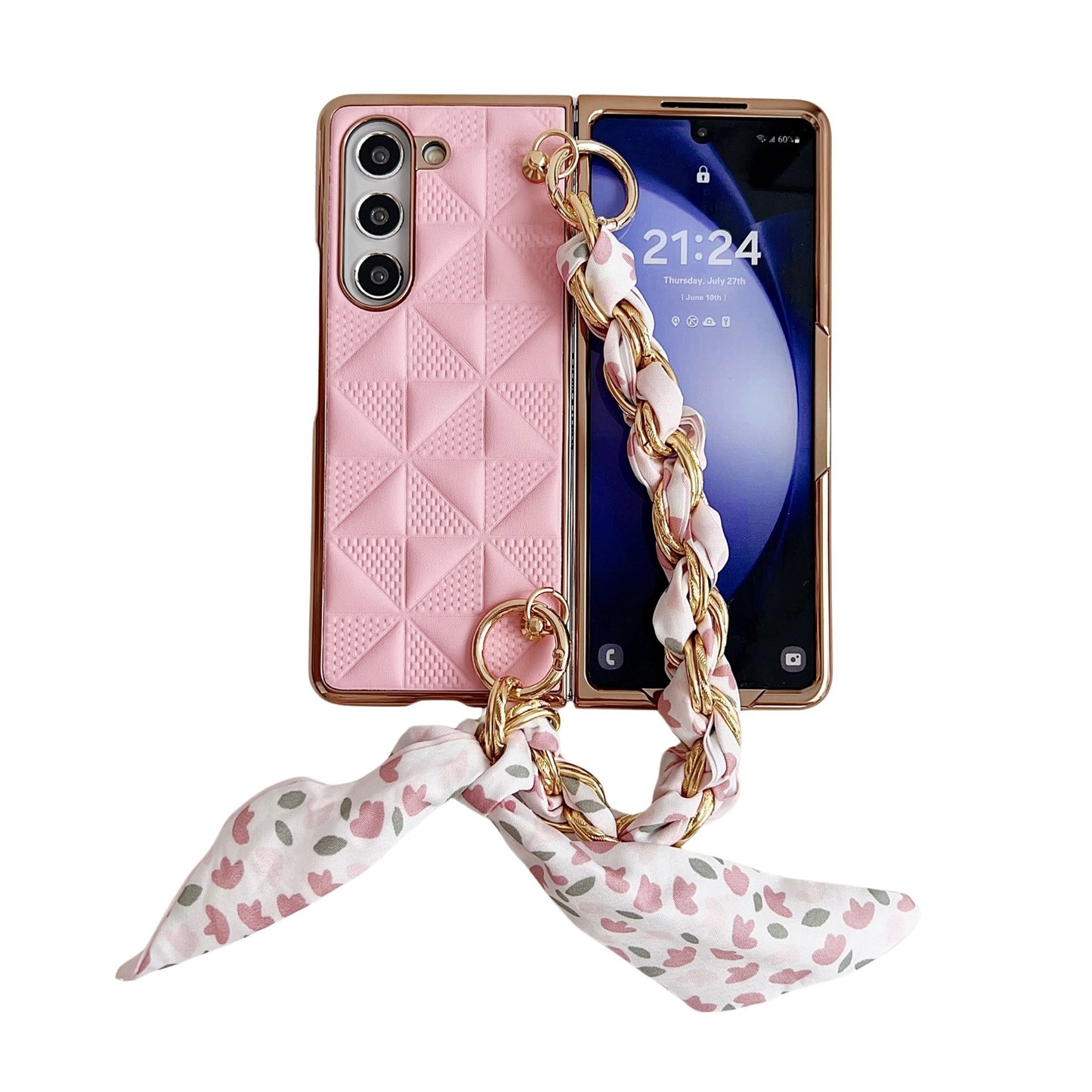 For Samsung Galaxy Z Fold6 5G Case Grid Texture PU+PC Phone Cover with Ribbon Chain Strap - Pink