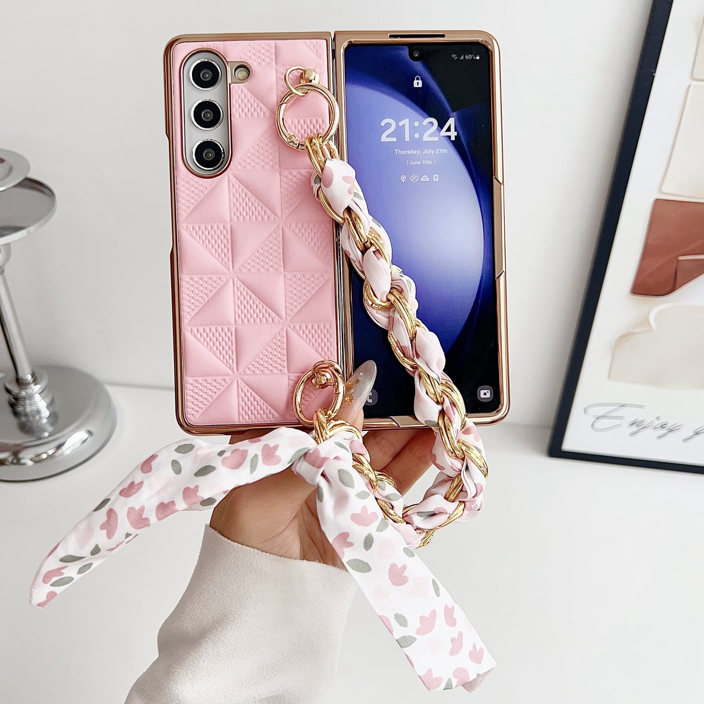 For Samsung Galaxy Z Fold6 5G Case Grid Texture PU+PC Phone Cover with Ribbon Chain Strap - Pink
