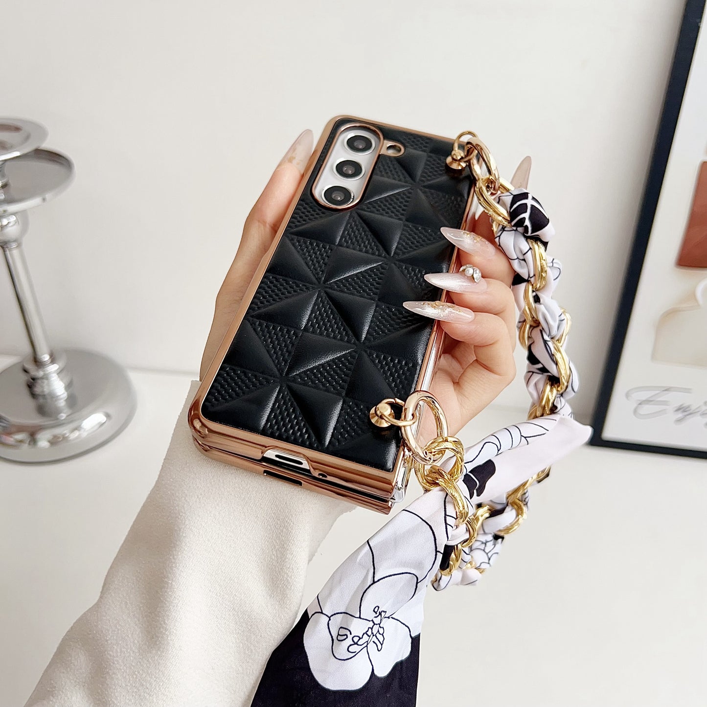 For Samsung Galaxy Z Fold6 5G Case Grid Texture PU+PC Phone Cover with Ribbon Chain Strap - Pink