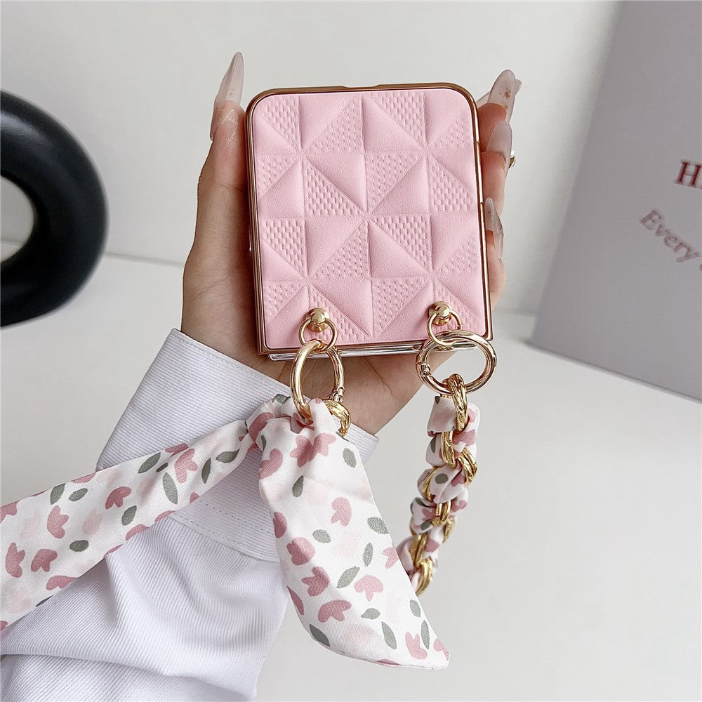 For Samsung Galaxy Z Flip7 FE 5G / Z Flip6 5G / Z Flip5 5G Case Grid Texture Leather + PC Bracelet Phone Cover - Pink