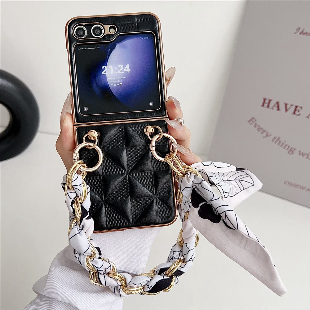 For Samsung Galaxy Z Flip7 FE 5G / Z Flip6 5G / Z Flip5 5G Case Grid Texture Leather + PC Bracelet Phone Cover - Black